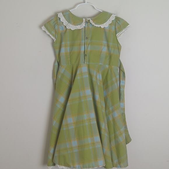 1970s Nostalgic Plaid Eyelet Lace Girls Dress Size 10 - Picture 8 of 12